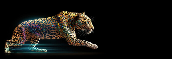 Wall Mural - Neon abstract graphic outlines of a leopard, a wild animal. Technology concept, dark background isolate. AI generated.