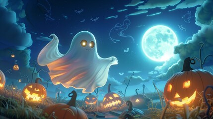 Wall Mural - Halloween night holiday with pumpkin. Moon dark horror spooky and scary ghost. Background design for