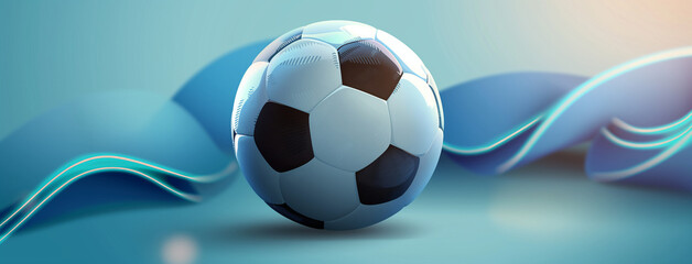 Wall Mural - Futuristic 3d style soccer ball , banner. Background for sports event poster or banner design. For sports events, sport's camps, social media graphics, website banners.