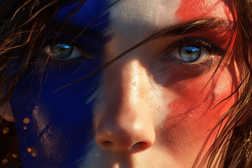 Wall Mural - Close-up of a football fan eyes with strikingly vibrant eyes and France flag on face.   Summer Olympic Games in France .Background for sports event poster or banner design, ads.