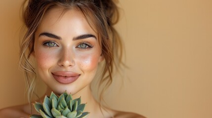 Wall Mural - A beautiful woman with light makeup is holding a cactus plant in hands . The background color is solid beige. copy space