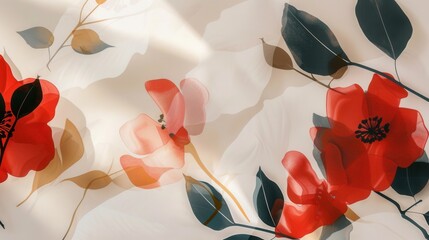 Poster - A minimalist, geometric floral design featuring red and pink flowers with green and brown leaves on a clean, white background. Generative AI