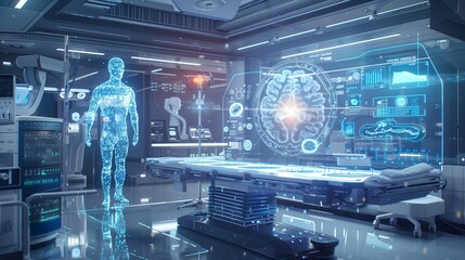 Poster - Futuristic technology with digital interface, blue screen. Science hologram concept, artificial
