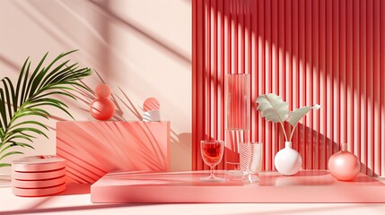Poster - A minimalist 3D display in pink and red, showcasing clean lines and modern design for an elegant look.