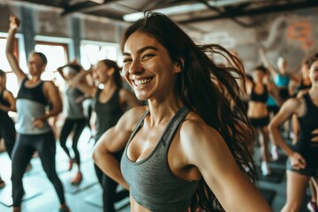 Fitness, laughing and friends at the gym for training, diverse pilates class for active healthy lifestyle. exercise in a group for a workout, cardio or yoga in a studio