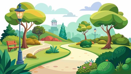 Wall Mural - greenery, watercolor, illustration, garden, Watercolor illustration of charming park scene, with lush greenery and winding path isolated on crisp white background.