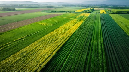 Wall Mural - Nature s field in rural summer landscape. Yellow countryside with green view. Aerial agricultural