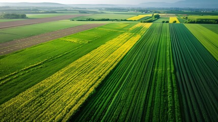 Canvas Print - Nature s field in rural summer landscape. Yellow countryside with green view. Aerial agricultural