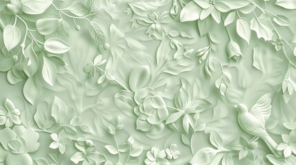 Poster - A seamless wallpaper with 3D light green illustrations, offering a fresh, modern, and sophisticated look.