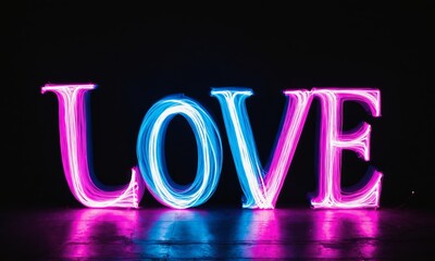 Wall Mural - Close-up of neon sign, word 'Love' isolated on dark background