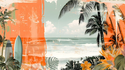 Poster - Vintage summer collage art with tropical palms, florals, and a serene beach scene, highlighted by bright oranges and surfboards.