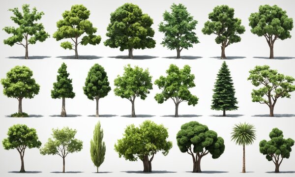 Collection of various green trees isolated on white background