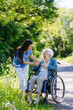© Halfpoint - Female caregiver and senior woman in wheelchair picking wild flowers. Nurse and elderly woman enjoying a warm day in nursing home, public park.