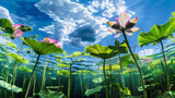 Captivating sunlit water lily flowers seen underwater