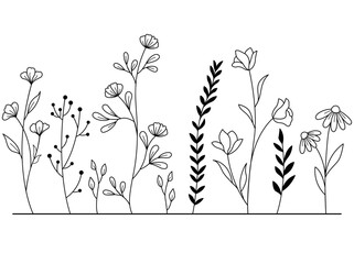 hand-drawn wild flowers sketch set isolated on white background. spring herbal design. black silhoue