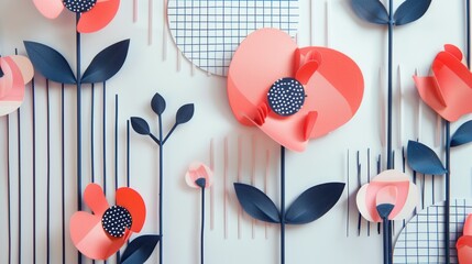 Poster - A close-up of a modern wall art installation featuring geometric paper flowers in shades of pink and red, with blue stems and leaves. Generative AI