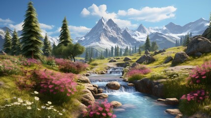 Wall Mural - A beautiful landscape with snow-capped mountains, a river, and a field of flowers. The sky is blue and the sun is shining.