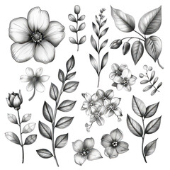 Poster - Hand-drawn botanical elements in black and white on a white background for a fresh and earthy aesthetic.
