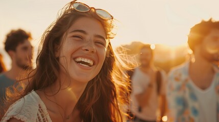 Wall Mural - Happy young woman laughing with friends outdoors at sunset in the golden hour light. Young smiling girl standing in front of group having fun during outdoor party on the mountain. Sony alpha a7 iii