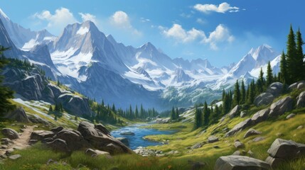 Wall Mural - This is a beautiful landscape image of a mountain valley. The mountains are covered in snow. The valley is green and lush.