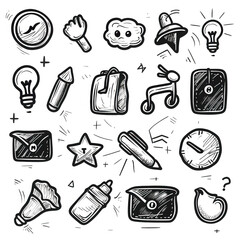 Poster - Hand-drawn doodle icons in black on a white background for creative and fun projects.