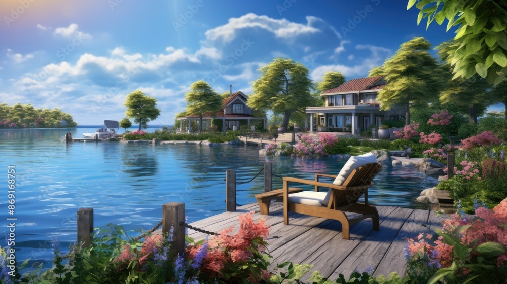 The image shows a beautiful lake house with a dock, surrounded by lush ...