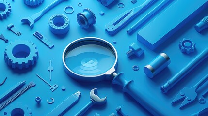 Poster - Digital Isometric Blue Background with Magnifying Glass and Tools