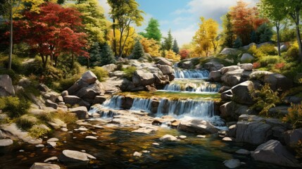 Wall Mural - A beautiful landscape with a waterfall and colorful trees in the fall. The water is crystal clear and the rocks are covered in moss.