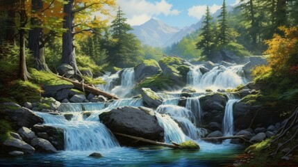 Wall Mural - The beautiful landscape of a waterfall in the mountains. The water is crystal clear and the sun is shining brightly.