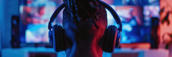 Fototapete - A close-up view of a persons ear wearing headphones while sitting in front of a television screen. Generative AI