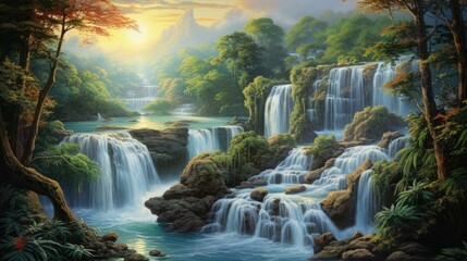 Wall Mural - The image is of a beautiful waterfall in a tropical rainforest. The water is crystal clear and the sun is shining brightly, creating a rainbow.