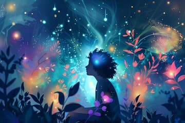 Poster - Nature art light in sky artistic blue night. Artwork landscape space painting watercolor acrylic.
