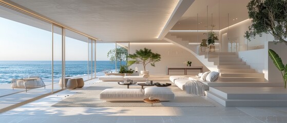 Serene Luxury Living Room with Beachfront Sea View in Minimalist Style | 3D Rendering in Crisp 8K Resolution