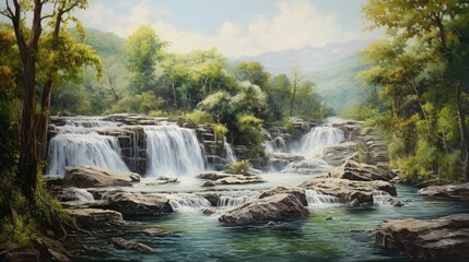 Wall Mural - The painting is of a waterfall in a forest. The waterfall is in the center of the painting, and is surrounded by several large rocks.