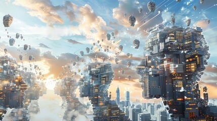 Poster - Futuristic cityscape with towering skyscrapers. Fantasy science fiction architecture. Modern urban