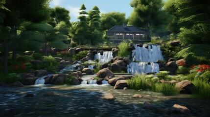 Wall Mural - A beautiful landscape with a waterfall and a house in the background.