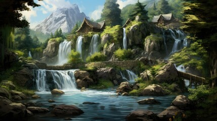 Wall Mural - A beautiful landscape with a waterfall and a mountain in the background. The waterfall is surrounded by a lush green forest.