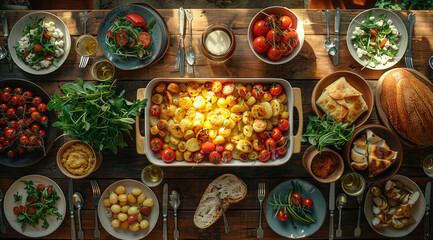 Sticker - A bird's-eye view of a table full of delicious food on a wooden table