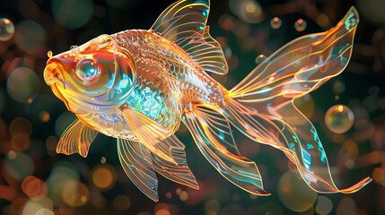 transparent Hologram of golden fish. Fish is a low-poly compound structure. The technology concept.