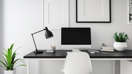 Wall Mural - A minimalist black-and-white office with a sleek black desk, a white chair, monochrome art on the walls, and a black desk lamp