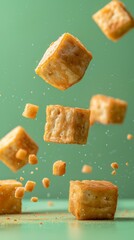 Wall Mural - Levitating fried tofu cut pieces separated pastel background