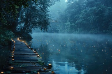 Wall Mural - Wooden plank bridge leading to the center of the lake