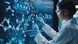 © Mongkol - Scientist analyzing molecular structures on floating screen in clinical trial for precise data examination.