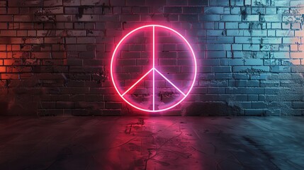 Poster - A neon peace sign on a brick wall with pink and blue lighting.