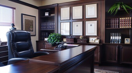 Wall Mural - A professional office with a dark wood desk, a leather executive chair, framed certificates on the wall, and a desk organizer