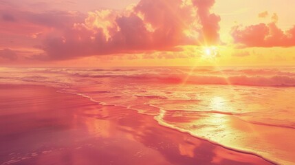 Aufkleber - A beautiful sunset over the ocean with warm orange-pink skies reflecting on the water. Generative AI