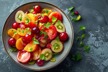 A vibrant bowl of fresh fruit salad with assorted berries, peaches, and mint leaves on a light blue background.