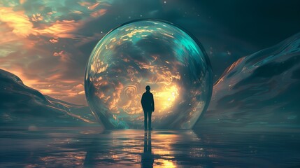 Poster - Fantasy space light in sky. Man in universe with person planet. Galaxy blue silhouette, science in