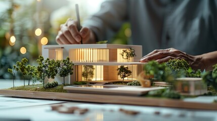 Close-up of architecture hands working on minimalist house models, green park, office blurred.