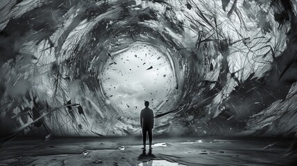Aufkleber - Light man in concept tunnel. Dark silhouette person, mysterious abstract hope. Human way in fantasy
